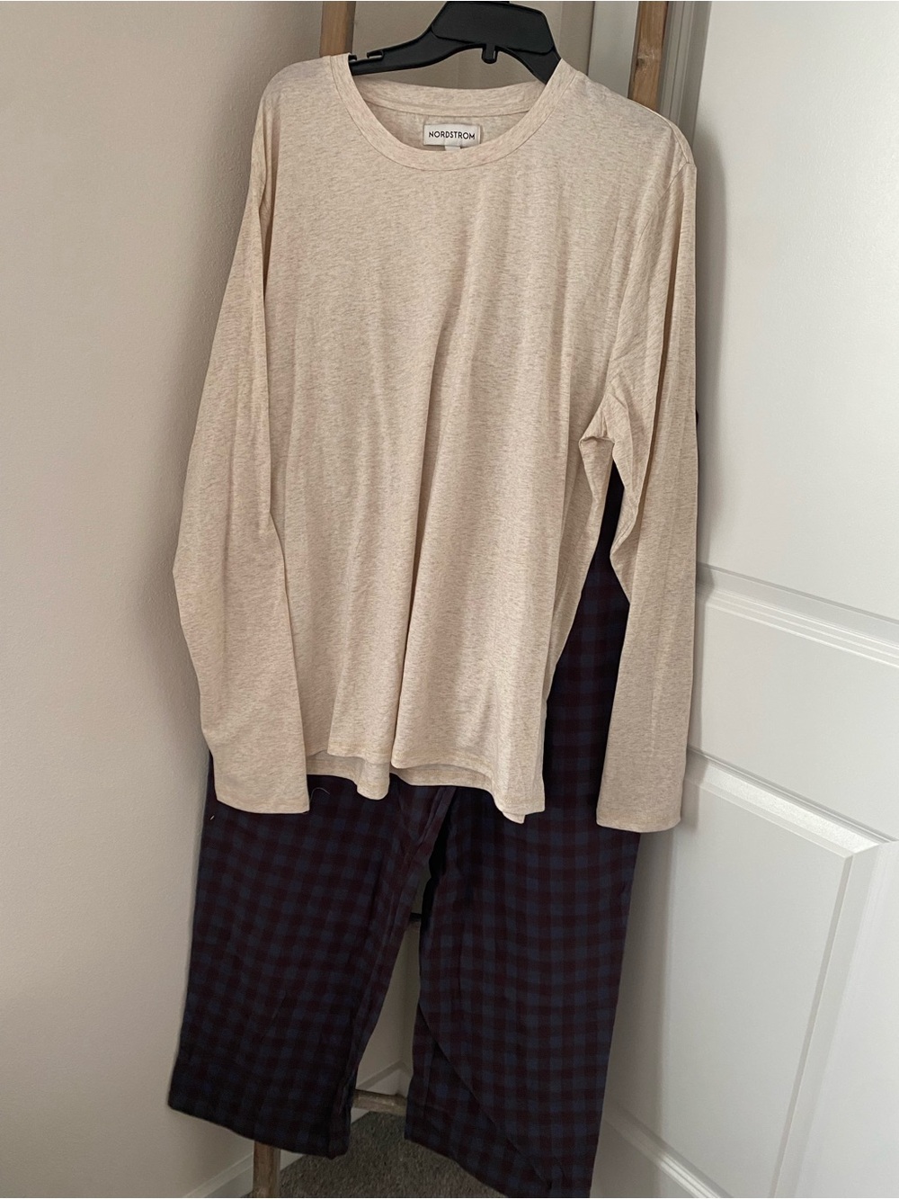 NWT - Nordstrom Men’s Beige Long-Sleeve Top & Navy Plaid Pajama Set